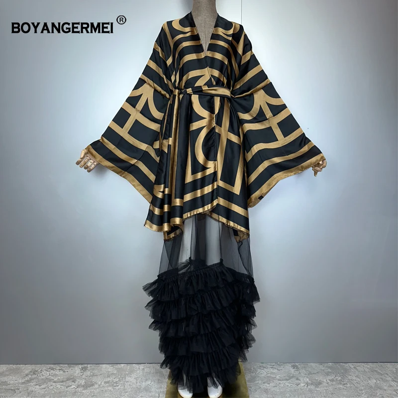 

WINYI Catwalk Kimono Women Printed bubble hem coat Long Sleeve Cardigan abaya dubai luxury beachwear Cover Up boho dress Caftan