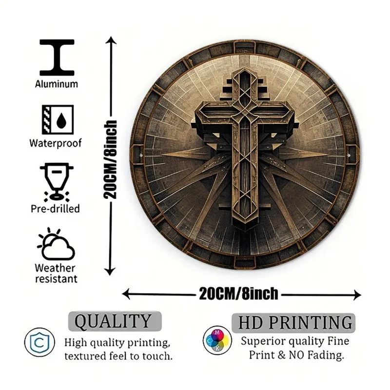 2D Metal Sign Retro Metal Cross Wall Art, Radiant Sunburst Background for Christmas Halloween Gift, 8x8 Inch