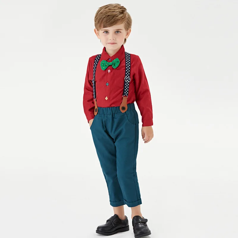 

Autumn Christmas Children Clothes Boys Bow Tie Shirt Suspender Pants Two-Piece Set Long Sleeve Holiday Party Fashion Clothing