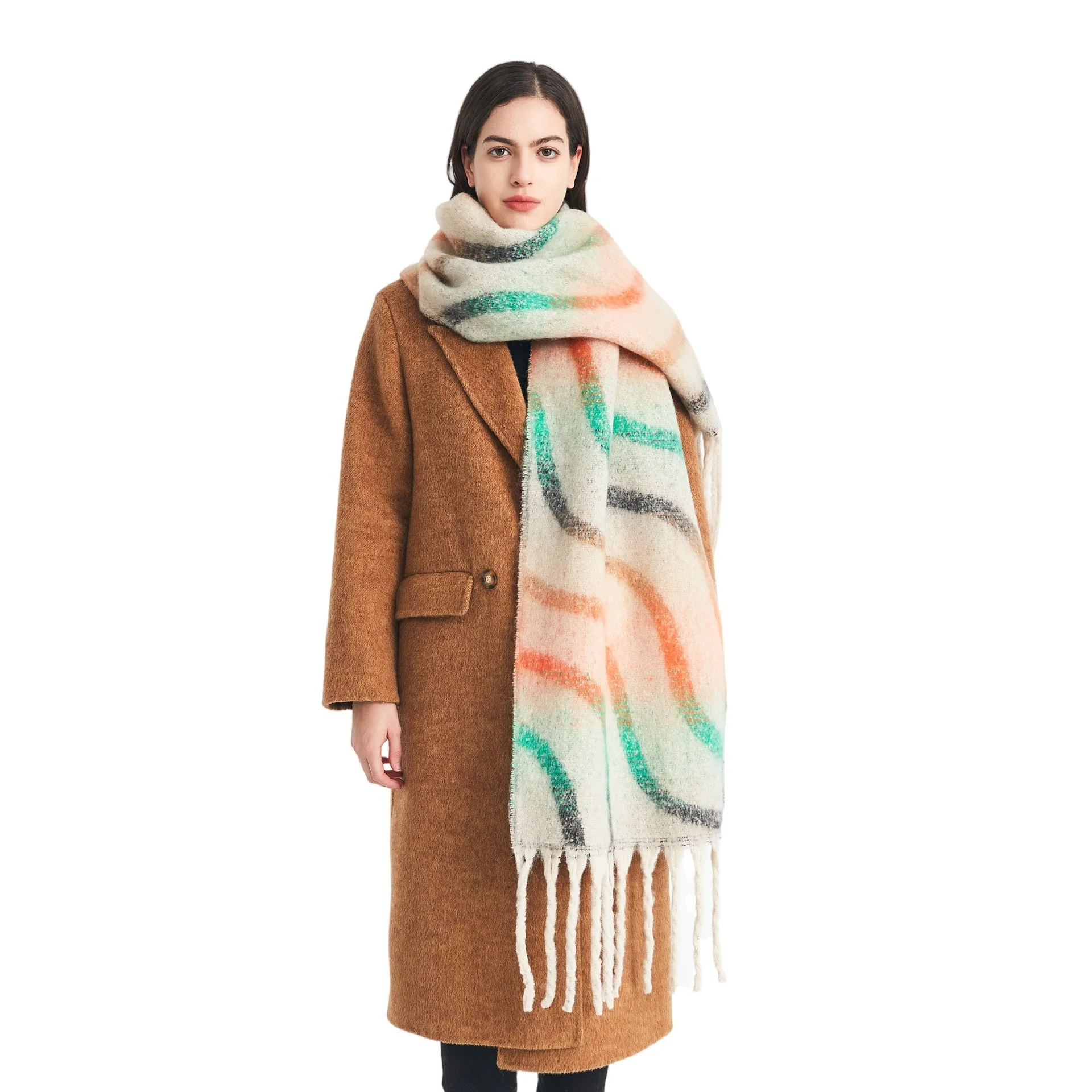 

Круглая пряжа, женский волнистый зимний теплый длинный шарф, жаккардовые толстые шарфы с кисточками, женская шаль, женские накидки, Bufanda, пончо Echarpe