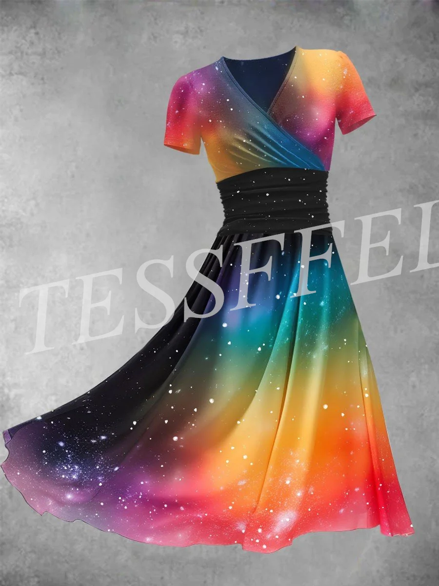 Tessffel NewFashion Flower Gradient Colorful Harajuku Vintage Retro Maxi Dress 3DPrinted V-Neck Short Sleeve Dress Long Dress V3