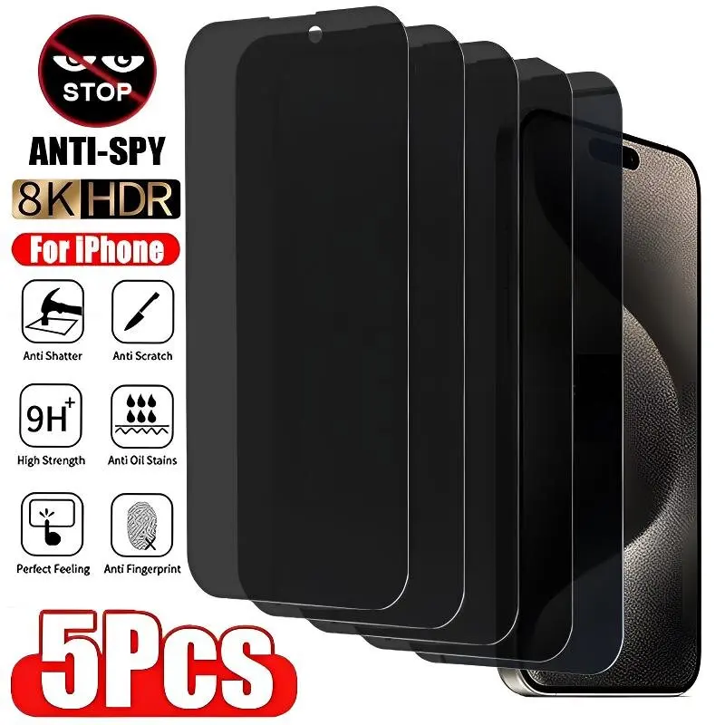 5Pcs 100D Anti-Spy Tempered Glass For iPhone 15 14 Plus 13 12 11 Pro X XR XS Max Screen Protector Privacy Protective Film Cover