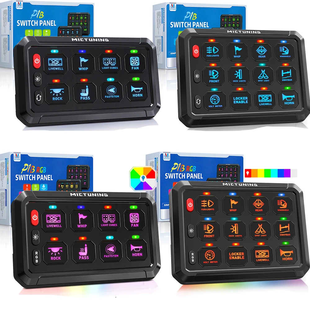 MICTUNING P1B RGB Colour & Monochrome Blue 8-Way and 12-Way Switch Panels, 5-inch Multi-Function Toggle Switch with Control Box