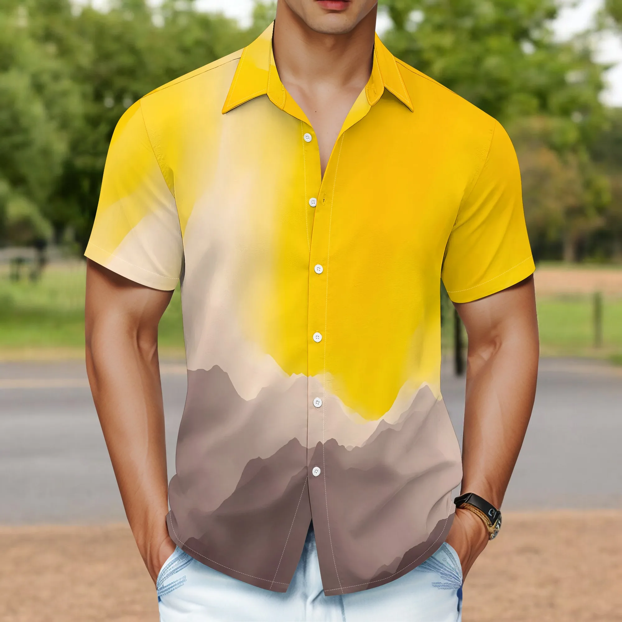 YEAE Gradient Mountain Pattern Shirt for Men Summer Casual Short Sleeve Top