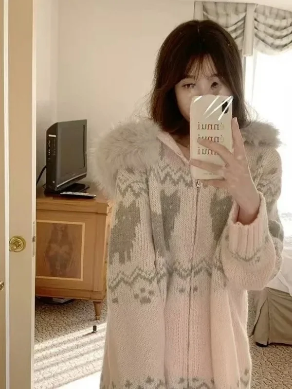 

Laid-back Style Fair Isle Knitwear Hooded Jacket with Fur Collar Loose Autumn Winter Warmth-keeping Long Sleeve Top