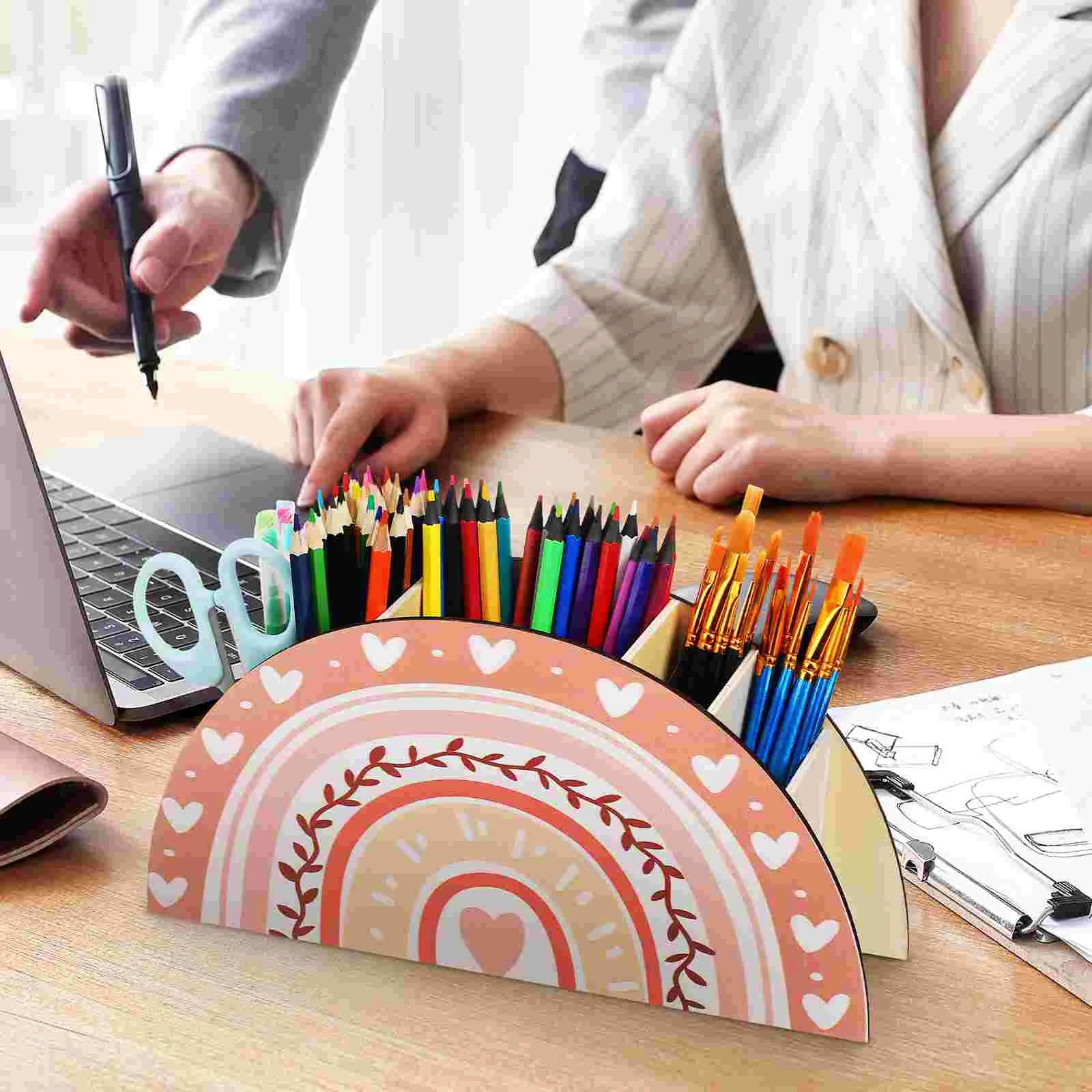 Wooden Pen Holder Stylish Desktop Storage Box Large Capacity Multi Compartment Strong Sturdy Cute Semi Circular Design Smooth