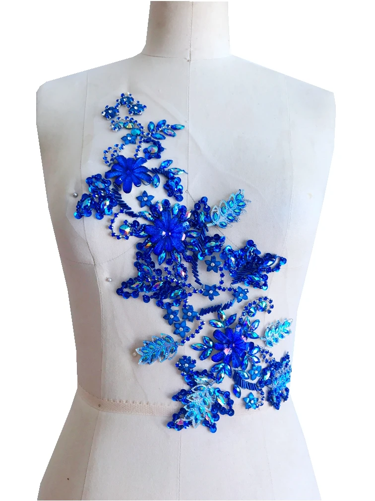 50*30cm handmade  crystal patches sew on blue rhinestones applique on mesh for  dress  accessories