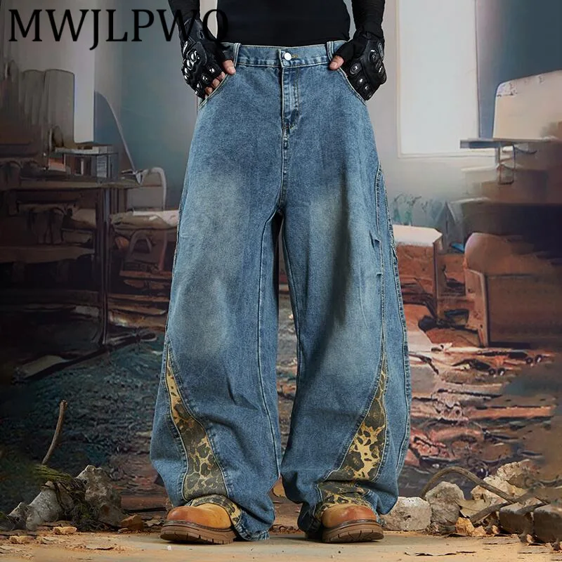 

MWJLPWQ Men's Deconstructed Patchwork Leopard Wide-Leg Machete Jeans Washed Vintage Niched Design Street Unisex Trend Pant 11948