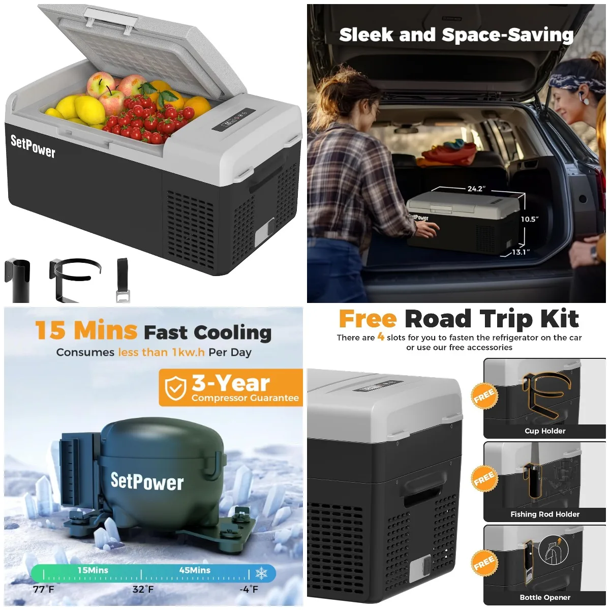 

FC15 12V Portable Car Fridge, 15L, -4°F to 68°F, DC 12/24V & AC 110/240V, Black & Grey