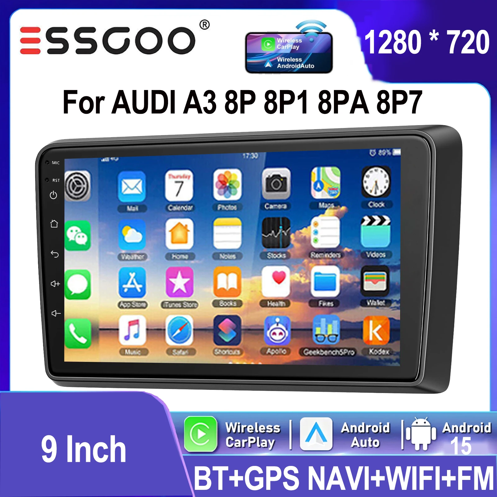 ESSGOO Autoradio Android 15 GPS Navigazione Display Touch IPS 9 Pollici per Audi A3 8V S3 8P RS3 2003-2013 Apple CarPlay Android Auto Wireless WIFI FM Bluetooth RDS Controlli al Volante Mirror Link