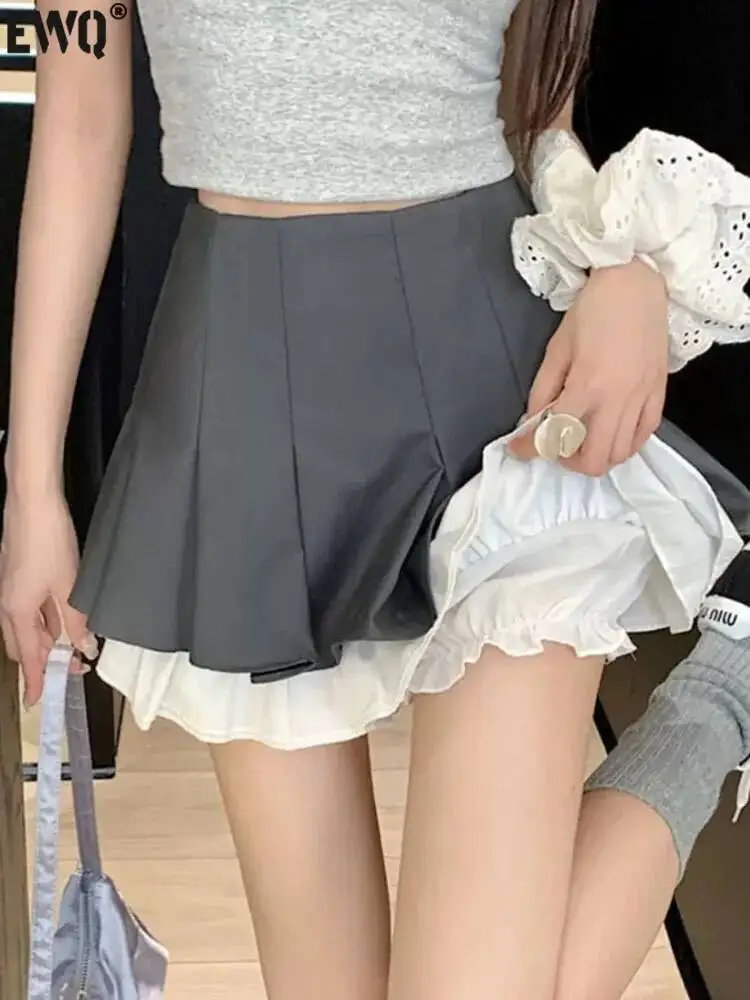 Korean Fashion Mini Skirt Contrast Colors Spliced Design High Waist All-match Women Pleated Skirts 2025 Summer New