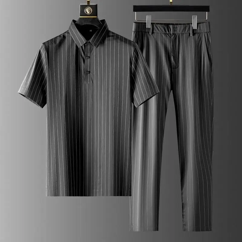 Men's Clothing Summer high quality Casual Trousers Polo Shirt suit Short-sleeved Thin Striped Business Two-piece Set