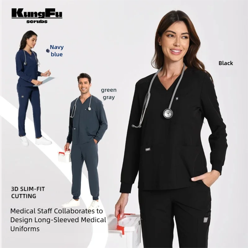 Nurse Scrubs Uniform Long-Sleeve Top Medical Nursing Dental Surgical Water Resistant Unisex Workwear Custom logo KUNGFU SCRUBS