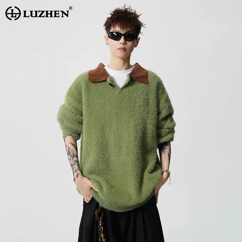 

LUZHEN 2025 Winter New Color Contrast Neck Loose High Quality Fleece Knitted Pullover Men's Fashion Handsome Male Sweater JY5606