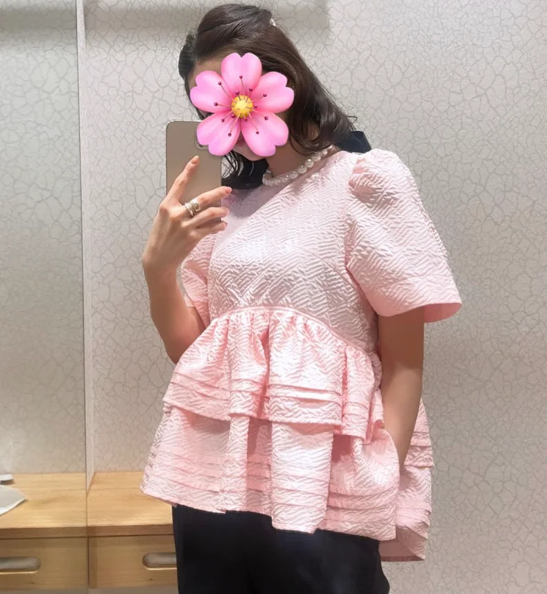 Embossed Jacquard Doll Shirt 2024 New Summer Female Girls Japanese Style Sweet Pink and White Blouse Fashion Tops