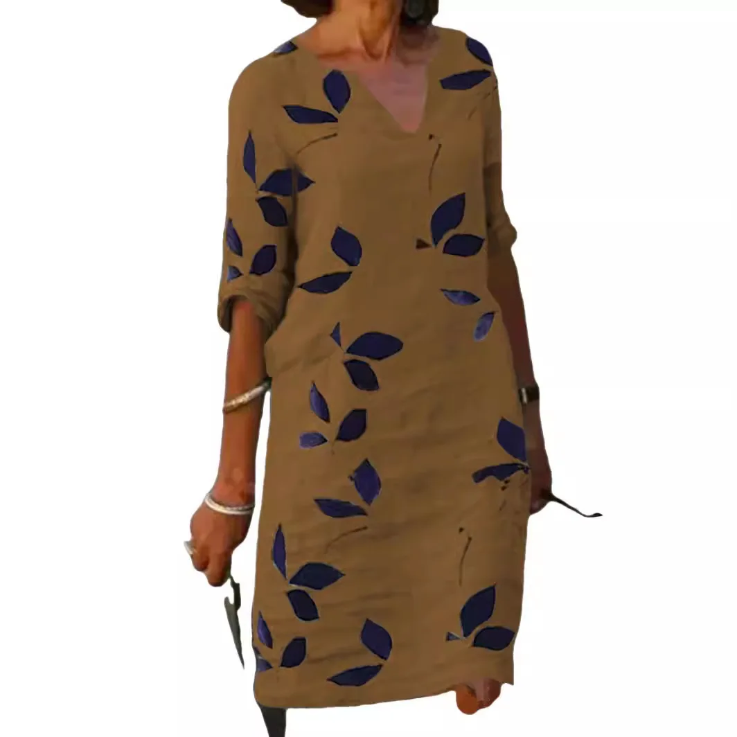 Ele Cotone Lino Stampa ampia sopra la testa Vintage Midi Dr Gonna a trapezio lavorata a maglia da donna Or Sve Abbigliamento autunnale