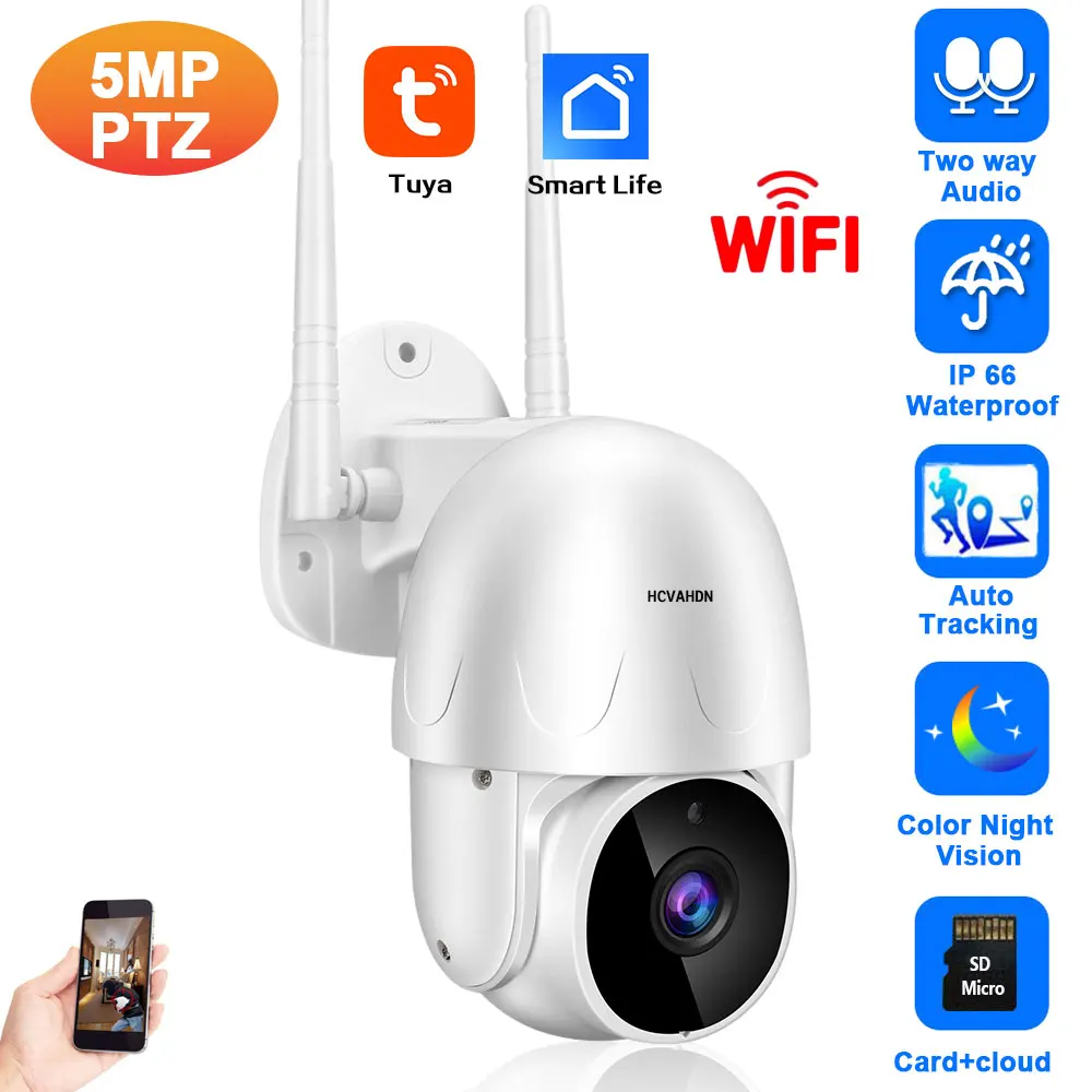 

5MP Tuya Wifi PTZ Camera Outdoor Smart Life Wireless IP Security Cam 2 Way Audio CCTV Mini Speed Dome Camera Video Surveillance