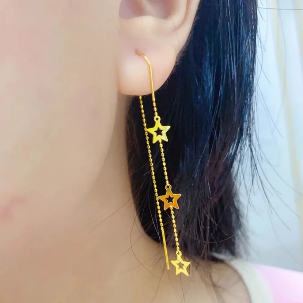 Real Pure 18K Yellow Gold Women Lucky Small Beads Tassel Chain Star U Shape Earrings 6cm