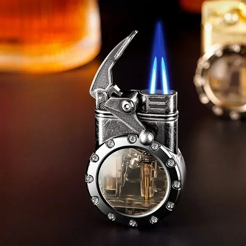 Metal Rocker Arm Kerosene Lighter Windproof Spray Dual Flame Transparent Window Lighter Smoking Accessories Men\'s Gift