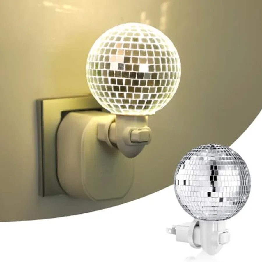 Disco Ball Night Light Plug into Wall, LED Plug in Mirror Ball Lamp, Compact Silver Mirror Nightlight for Bedroom Bathroom Dorm