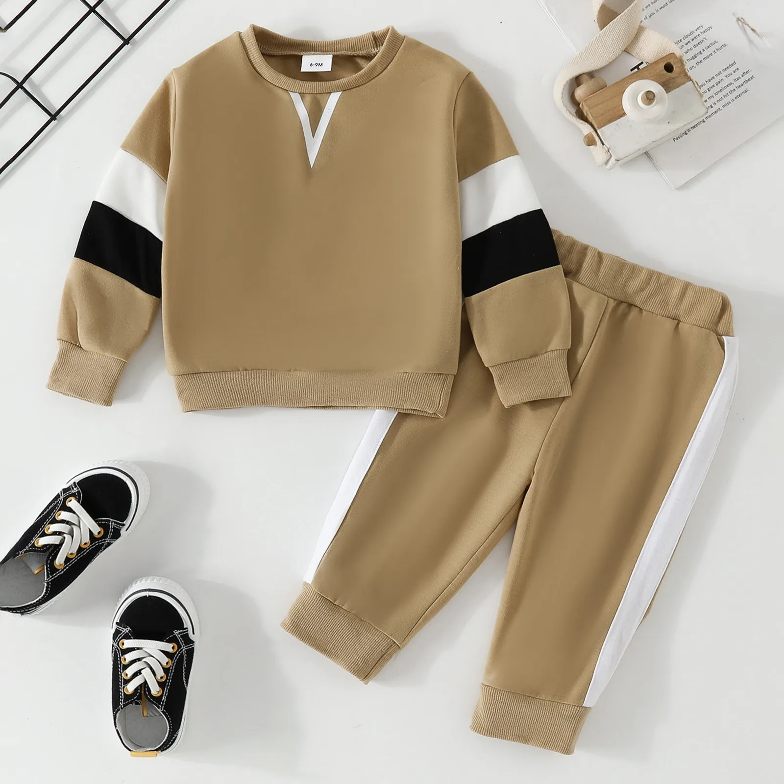 Baby Boy Contrast Colors Pant Sets Spring Autumn Clothes Warm Long Sleeve Sweatshirt and Elastic Sweatpants 2 Piece Track Suit