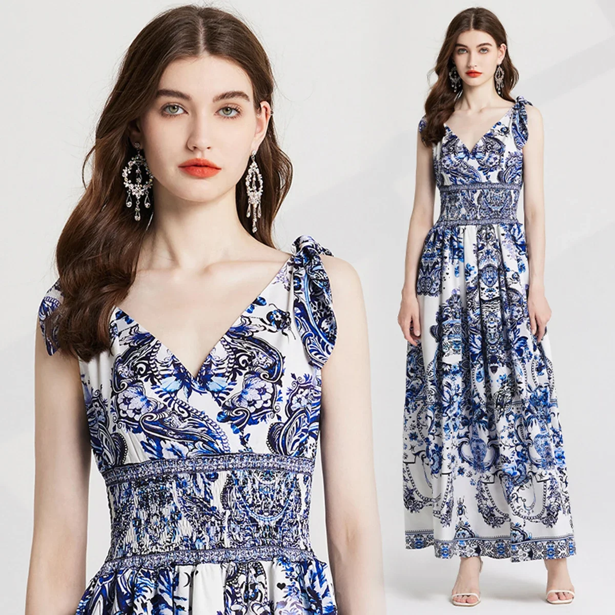 

Sexy V-neck retro blue and white porcelain print pattern backless long skirt high waisted vacation vintage summer dress women