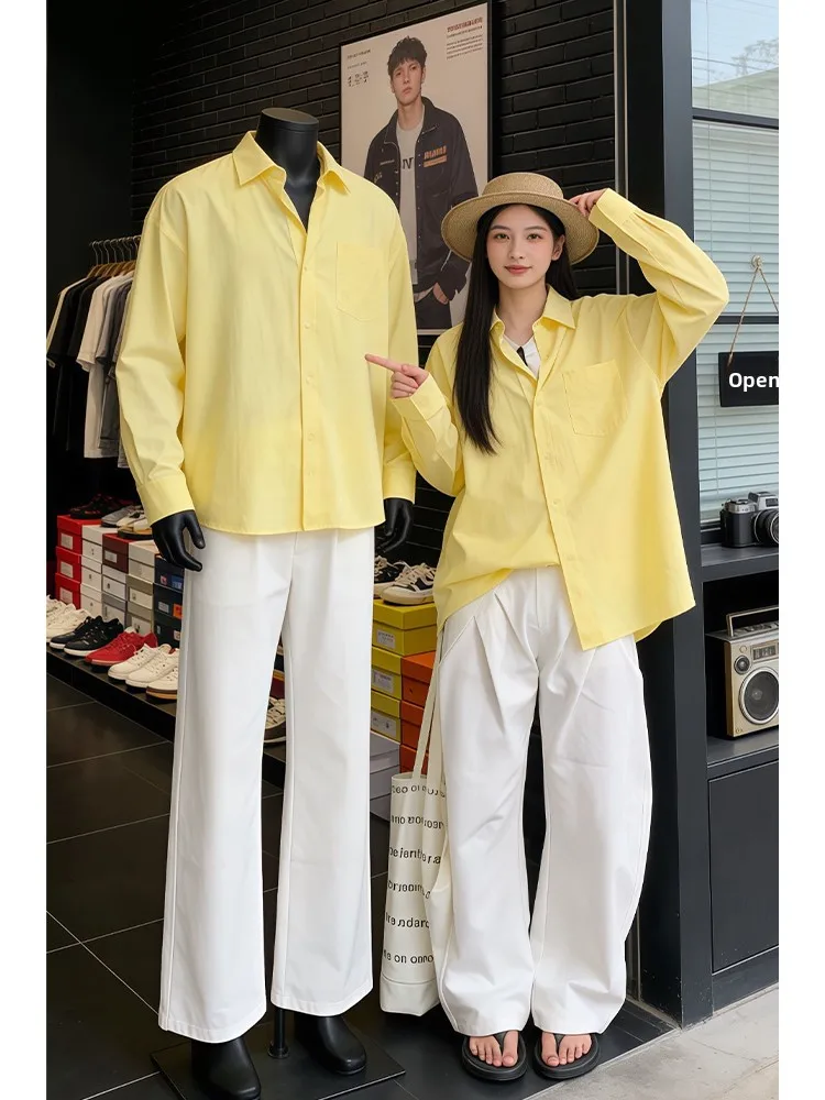 

Dopamine Lemon Yellow Cotton Men's Shirt Lightweight Long Sleeve Spring Summer Casual Style Couple's Outerwear