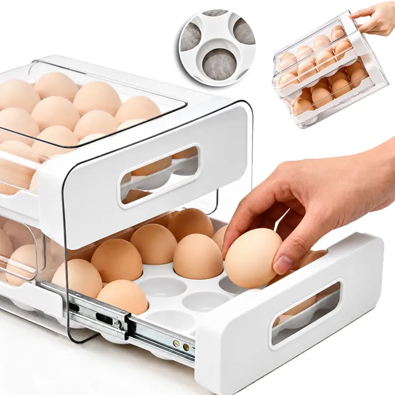 2-Layer Drawer Type Egg Storage Box, 40 Grid Large Capacity Refrigerator Egg Organizer, Clear Plastic Egg Holder for Kitchen