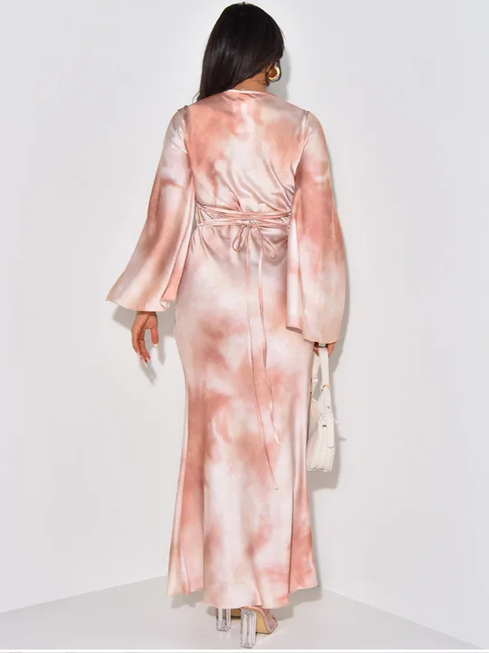 럭셔리 새틴 드레스 오버사이즈 보태니컬 프린트 릴랙스 드레스 플로잉 실키 엘레강트 드레스 여름 해변 저녁 볼가운