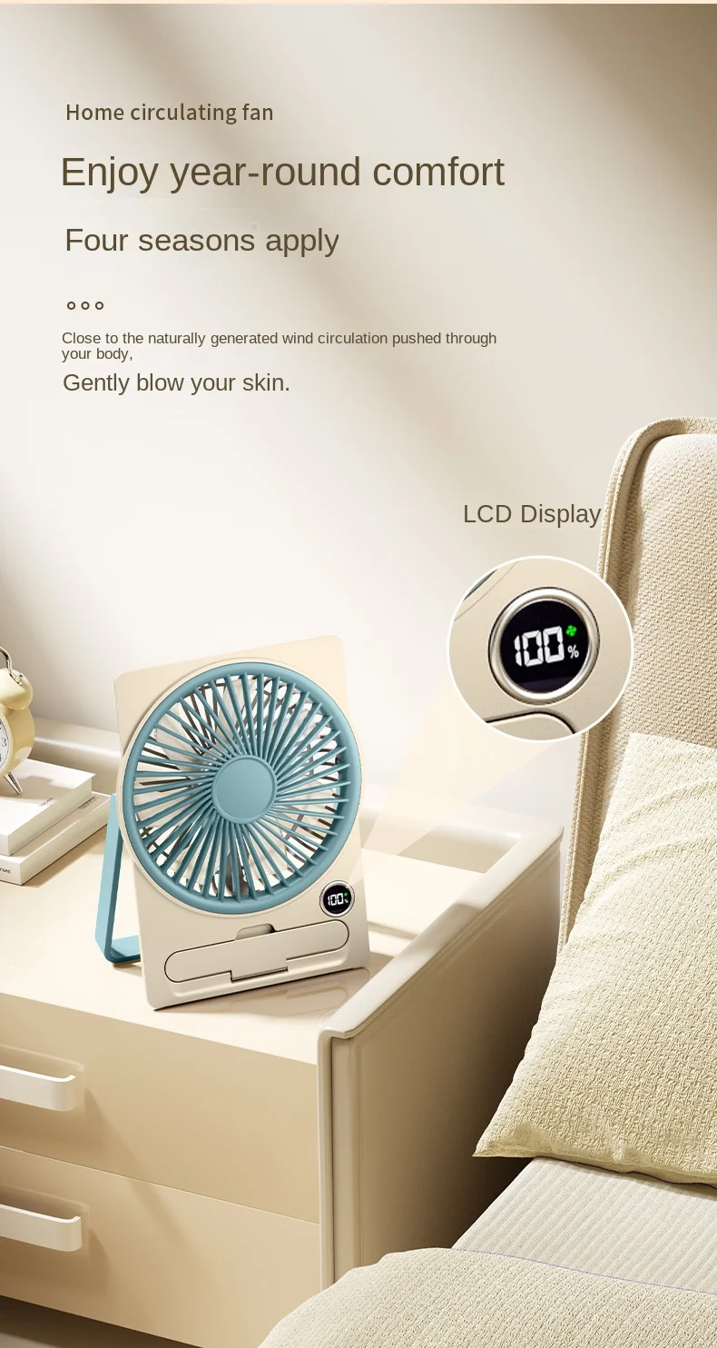 Ultra Thin Mini Fan USB Rechargeable Card Fan LCD Digital Display 6-speed Adjustment Hanging Stand Dual Use Desktop Fan