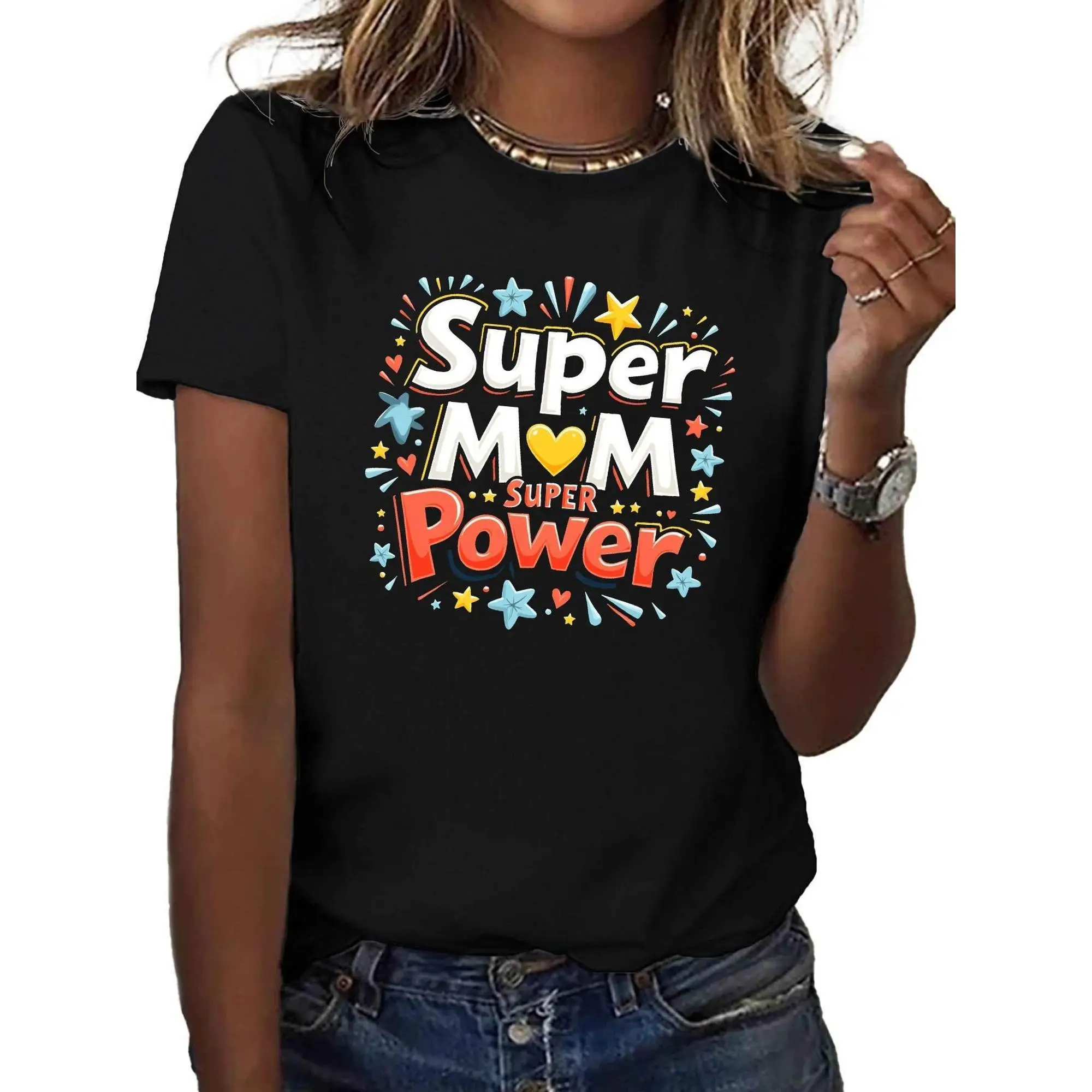 

Women'S Super Mom Graphic T-Shirt - 100% Comfort Fit Short Sleeve Round Neck Casual Top with Vibrant Geometric Star & Heart Desi