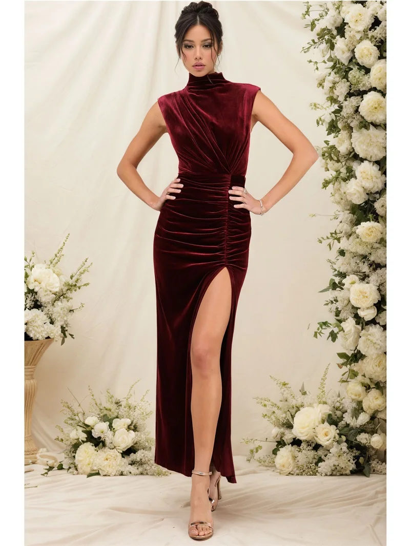 

Women's Burgundy Velvet Evening Gown, Elegant Sleeveless High Neck Maxi Dress with Thigh High Slit and Draped Waist for Wedding