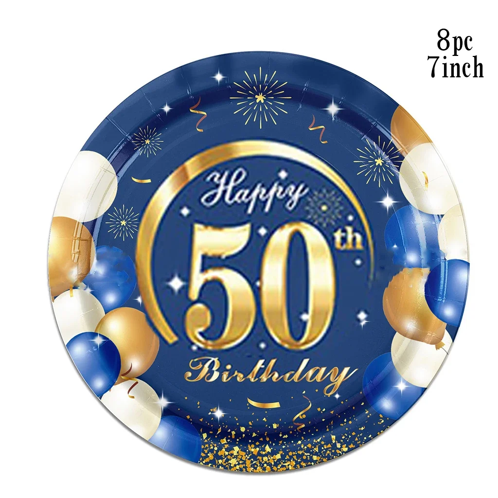 8Guests Blue Gold 50 Years Old Birthday Disposable Tableware Balloon Fireworks Plates Cups Happy 50th Birthday Party Decors