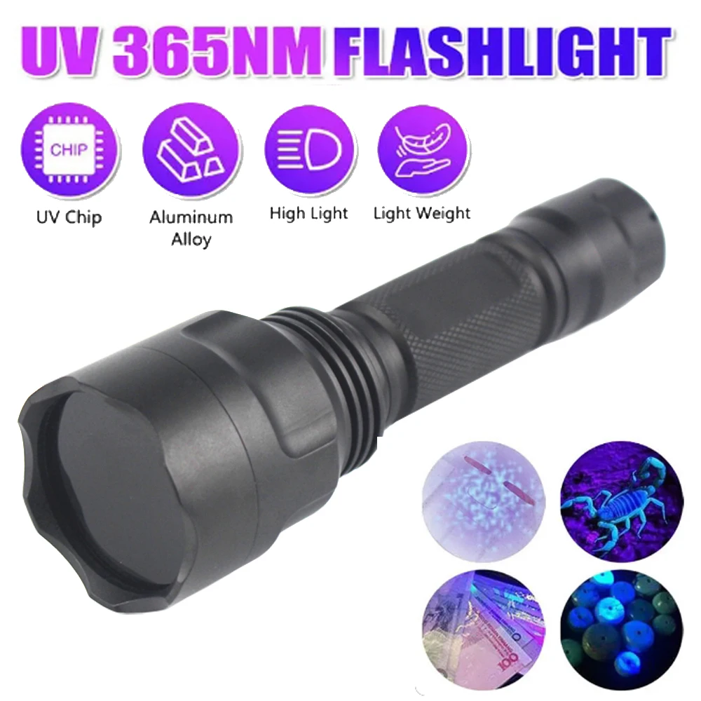 High Power 365nm UV Flashlight Black Mirror Purple Light Pet Urine Stain Detection Torch UV Anti-counterfeiting 18650 Lantern