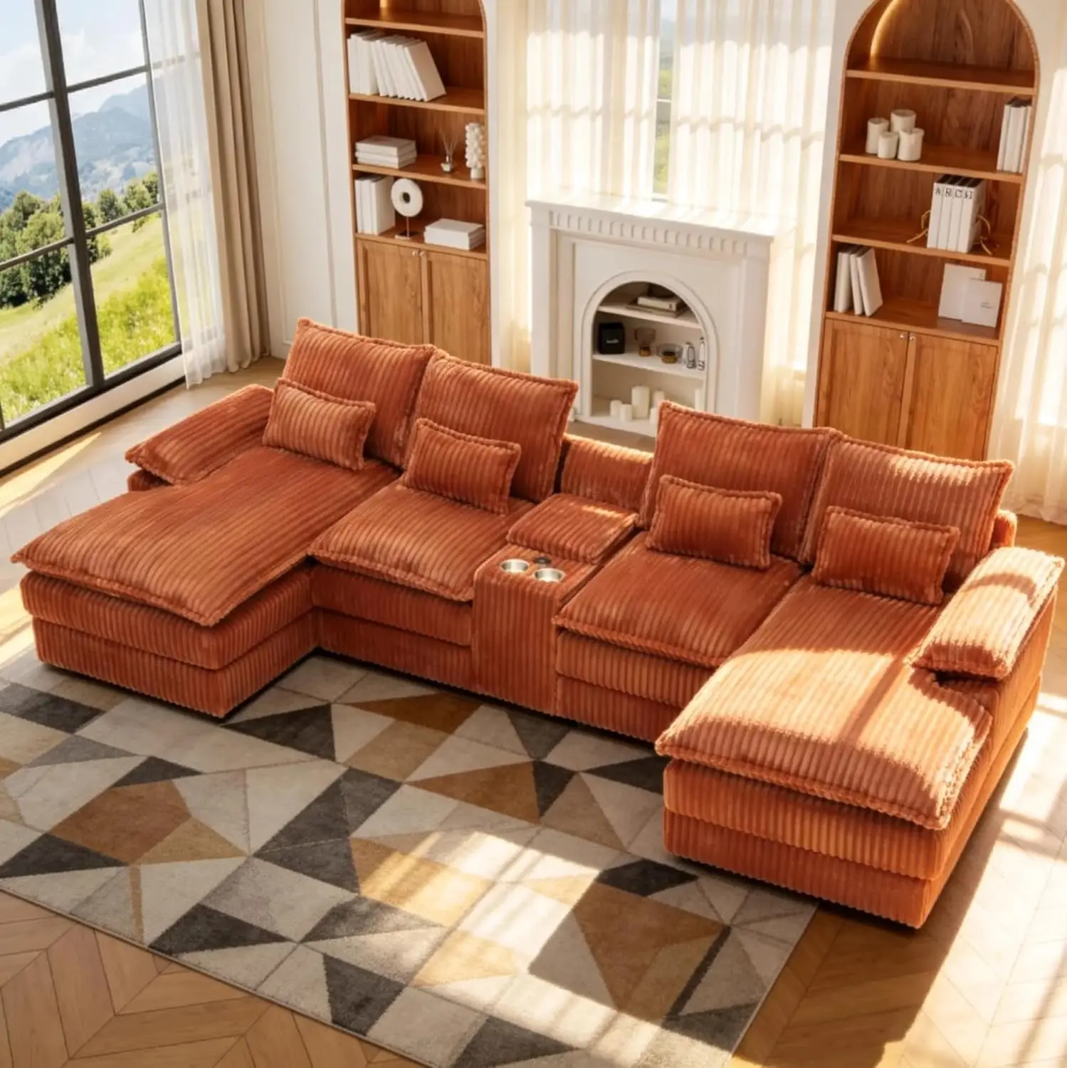 125" Modular Sectional Sofa, Corduroy U-Shaped Cloud Couch with Storage & USB, 6 Seat Sectional Couches, Oversized, Customized