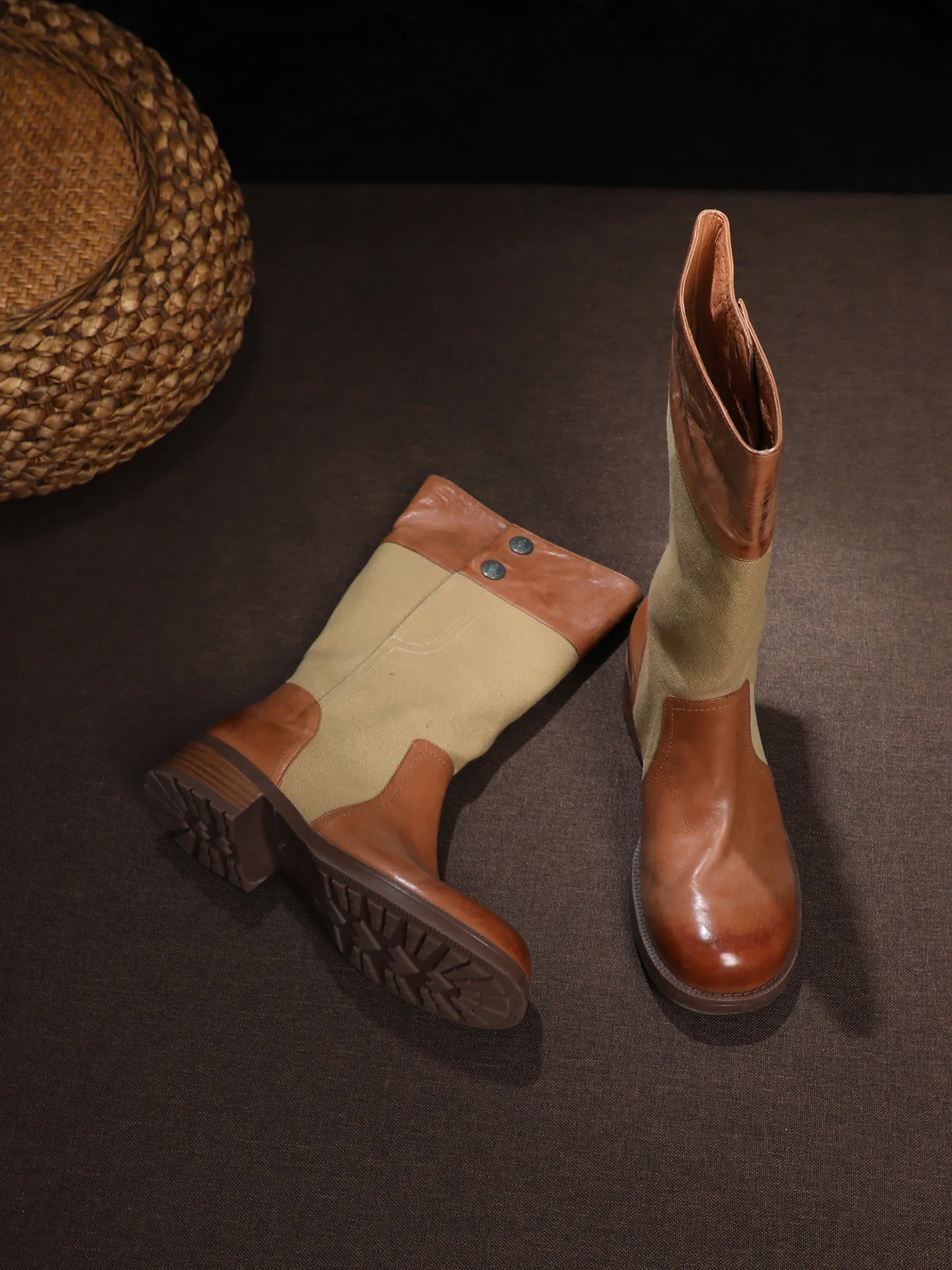 SHOEBOX Retro color blocked thick heel mid leg boots for women, 2026 autumn and winter with velvet leather fashion boots, round