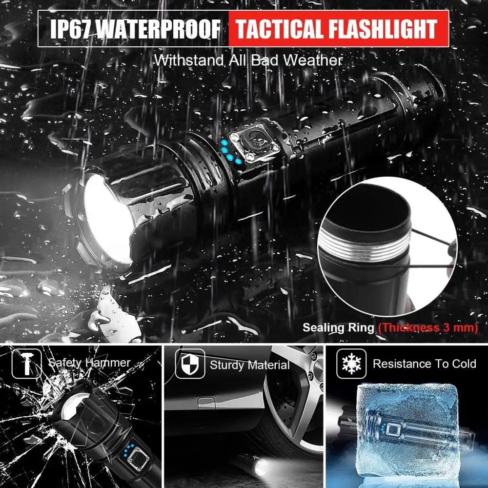 Flashlight Rechargeable LED 100000 High Lumens Super Bright Long Range Powerful Xhp70 90 Tactical Waterproof