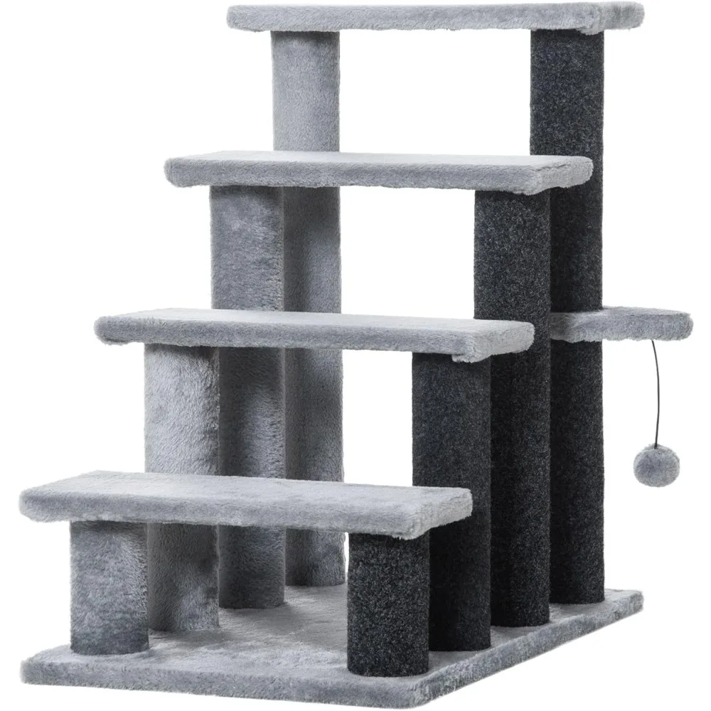 

PawHut Cat Stairs, 2 in 1 Cat Tree Tower Pet Steps with Scratching Posts, Hanging Toy Ball, 4-Step Cat Climbing Tower for High B
