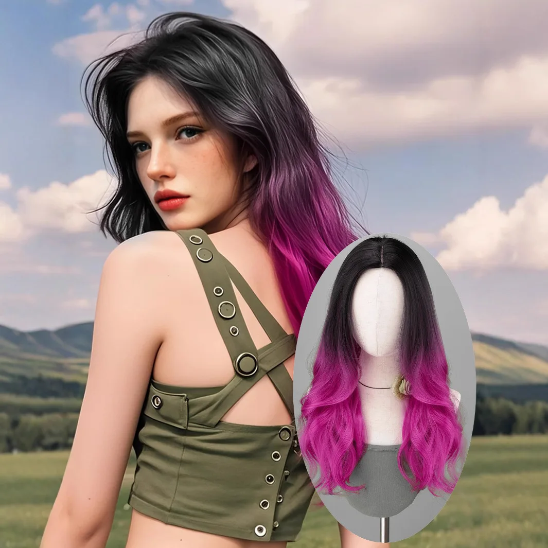 

Gradual change Pink long curly Halloween wig