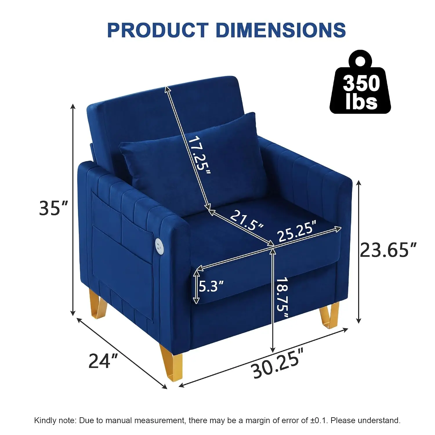 Modern Velvet Accent Chair with USB Port, Storage & Throw Pillow for Living Room Apartment Office, Blue, Customized