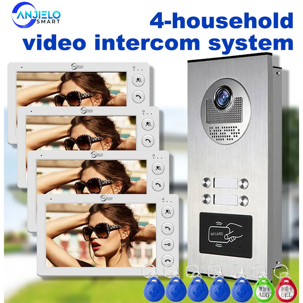 ANJIELO 4 Unit Multi Apartments Intercom Video Doorbell with RFID Card Unlock 7inch 4Wired Video Door Phone System
