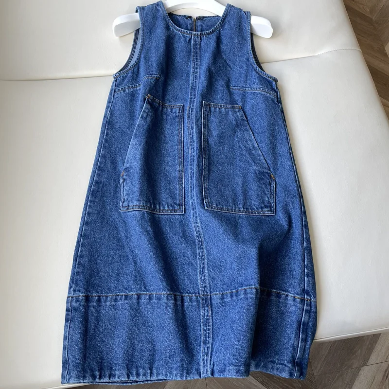 

Blue Sleeveless Denim Casual O Neck Dress Women New Summer Loose Basic Simple Big Pocket Vest Female Short Dress
