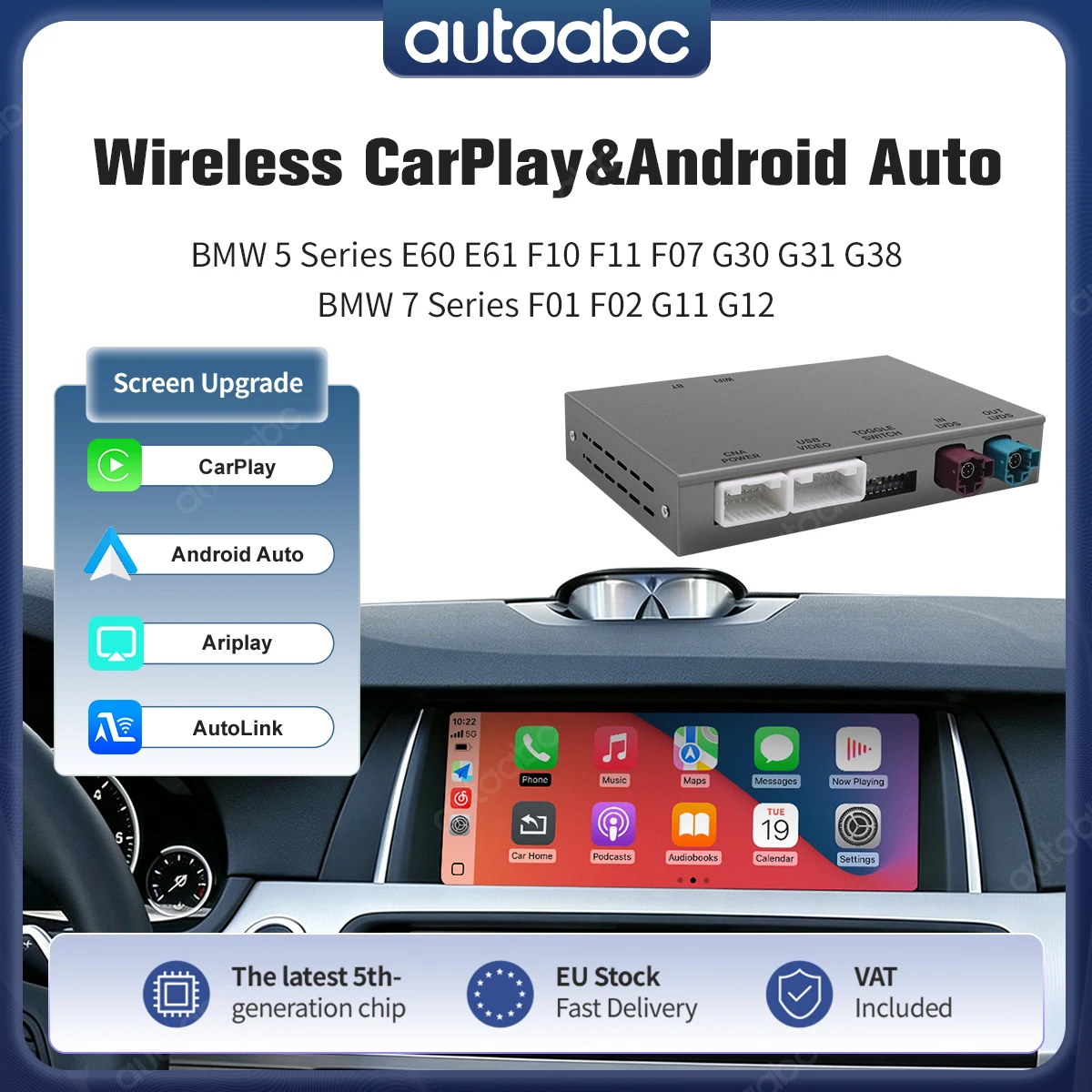 Wireless CarPlay Android Auto Adapter for BMW 7 Series F01 F02 G11 G12 5 Series E60 E61 F10 F11 F07 G30 G31 G38 Retrofit Interface Box Apple CarPlay Mirror Link Bluetooth USB Multimedia Plug and Play