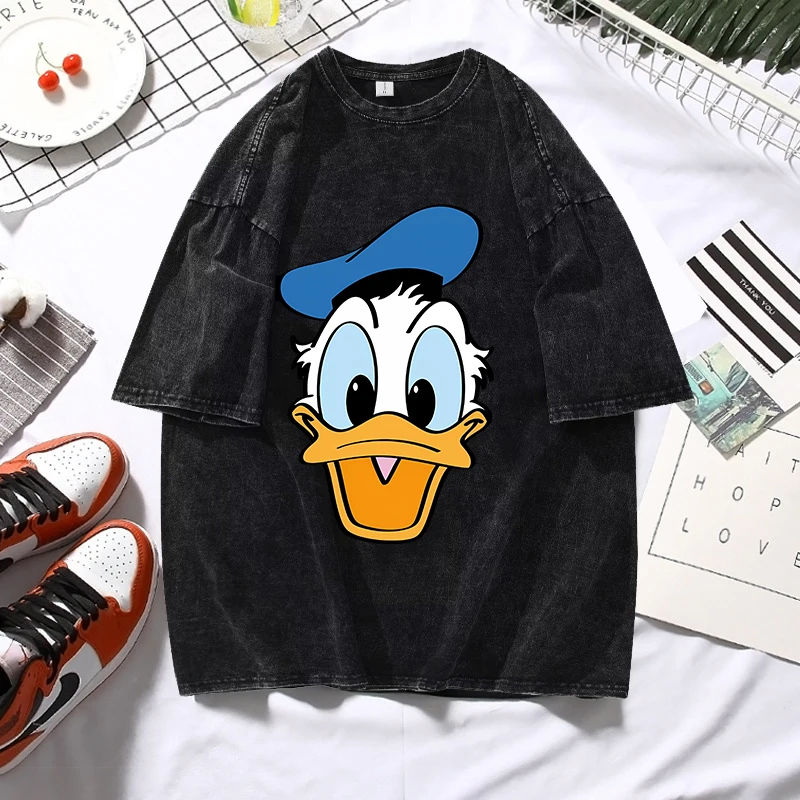 Disney Mickey Printed Streetwear Vintage Washed T-shirt Harajuku Cartoon Donald Duck Graphic Print Acid Wash Tops Tee Y2K Shirt