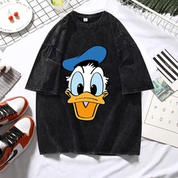 Disney Mickey Printed Streetwear Vintage Washed T-shirt Harajuku Cartoon Donald Duck Graphic Print Acid Wash Tops Tee Y2K Shirt