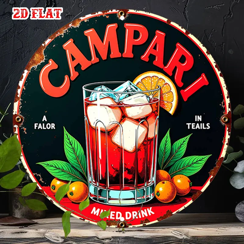 Letrero Metálico de Aluminio HD, Decoración de Pared Redonda Vintage con Diseño de Bebida Mixta Campari, Póster de Lata con Diseño Retro de Rodaja de Naranja para Bar en Casa