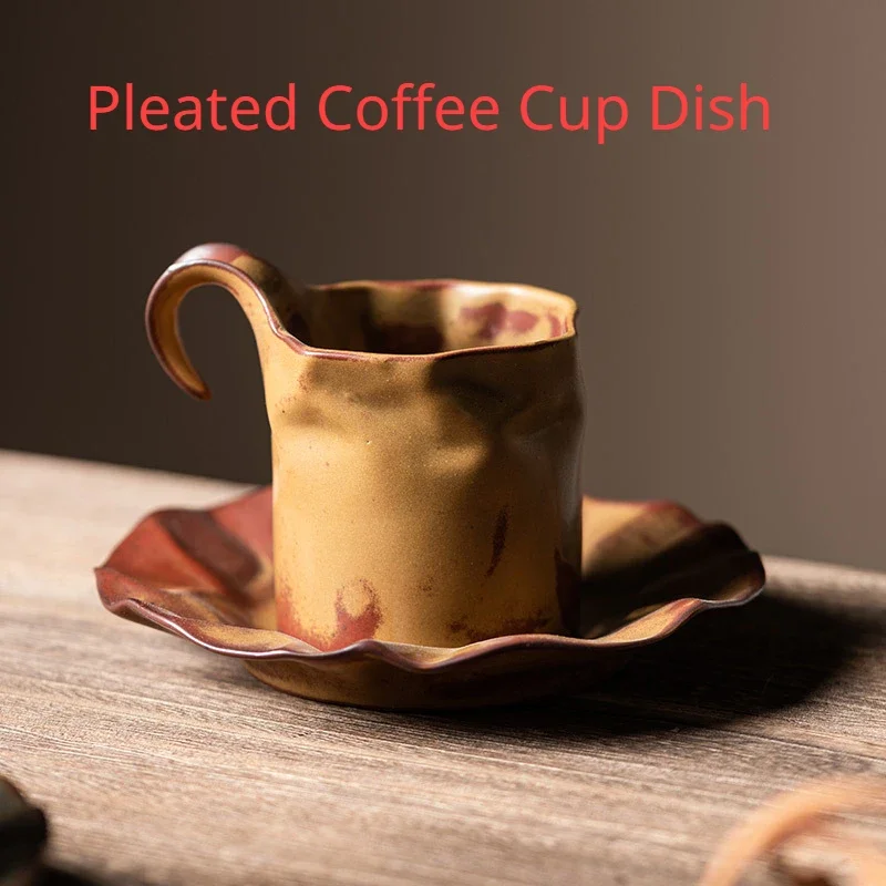 Pleated Coffee cup dish set advanced ceramic cup Japanese luxury creative high-end exquisite shaped cup