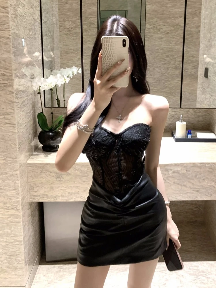 Foamlina elegante mouwloze strapless jurk voor dames, sexy zwarte doorzichtige mesh patchwork slanke mini-nachtclubjurk met ruches