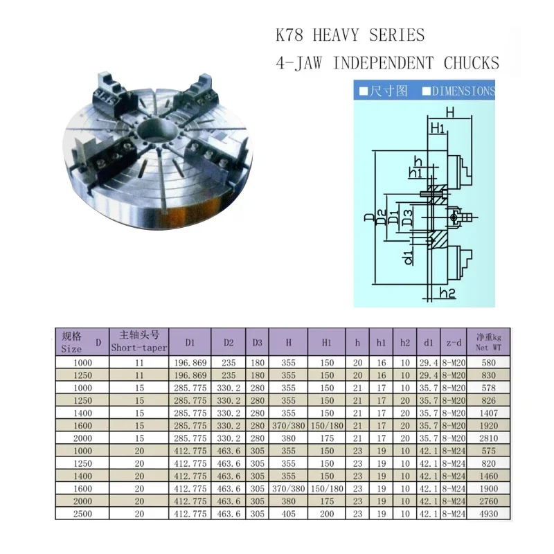 K78 Heavy-duty Series 4-jaw Independent Chucks CNC Lathe Chuck 1000mm