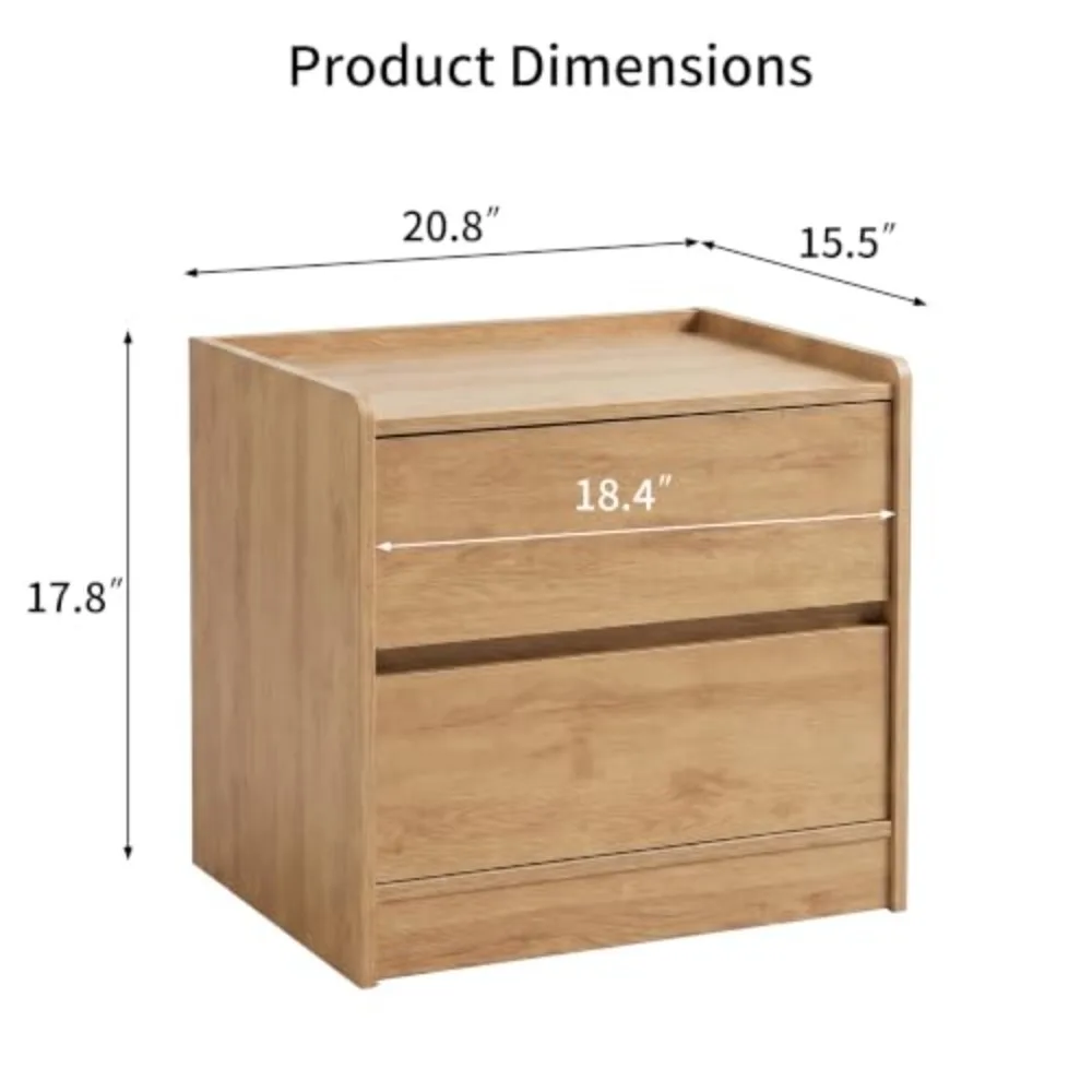 Wood Night Stand, 2 Drawer Bedside Table | Modern Oak Nightstand with Drawers, Bedside End Table with Raised Edge Guard
